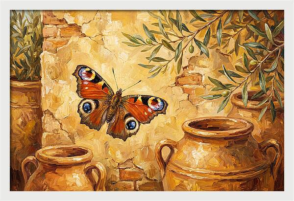 Peacock Butterfly Among Olive Jars