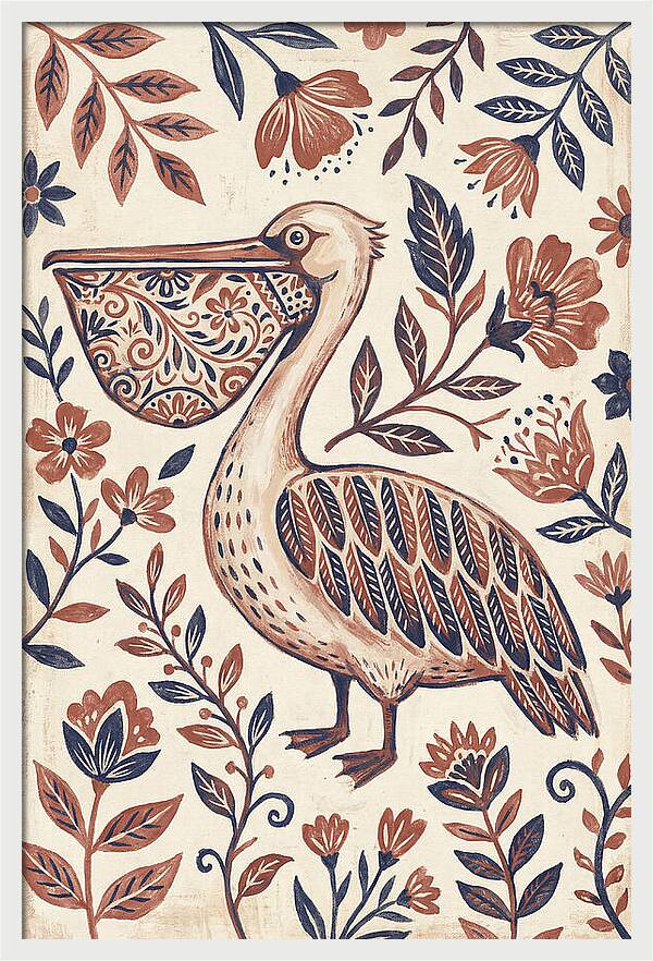 Pelican Among Floral Patterns