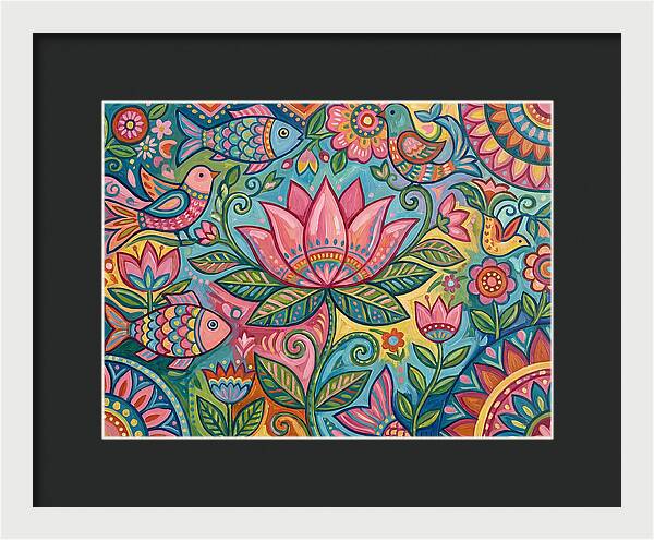 Pink Lotus And Vibrant Folk Art