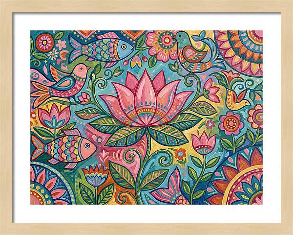 Pink Lotus And Vibrant Folk Art