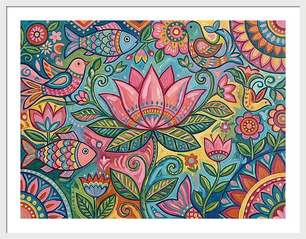 Pink Lotus And Vibrant Folk Art