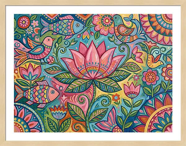 Pink Lotus And Vibrant Folk Art