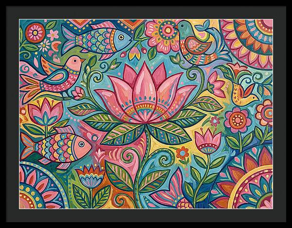 Pink Lotus And Vibrant Folk Art
