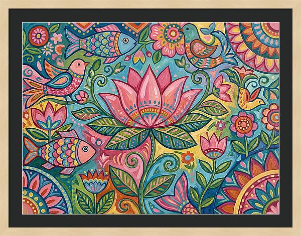 Pink Lotus And Vibrant Folk Art