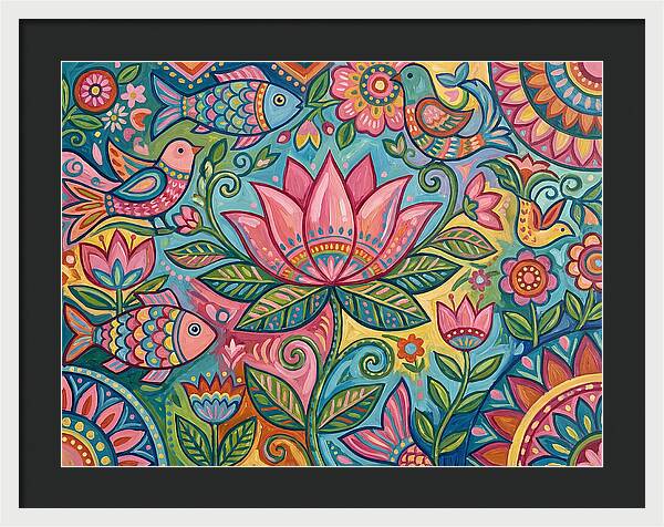 Pink Lotus And Vibrant Folk Art