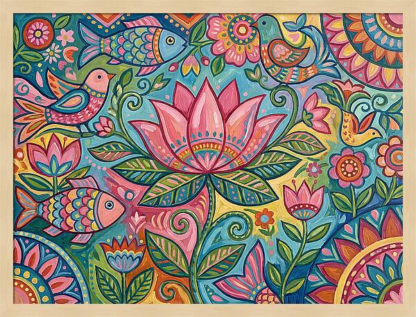 Pink Lotus And Vibrant Folk Art