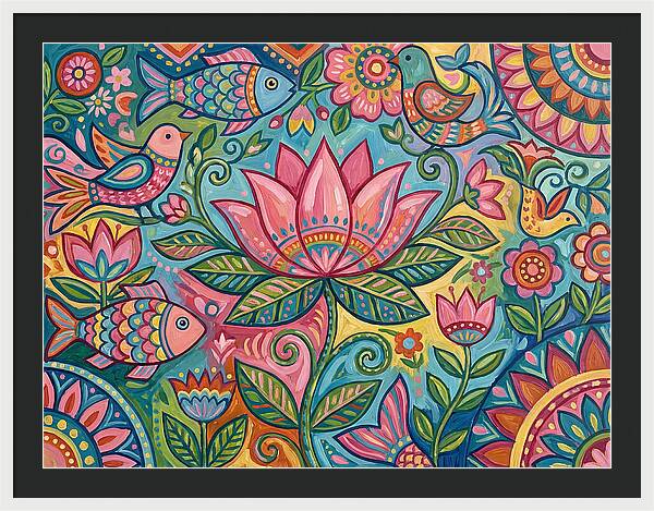 Pink Lotus And Vibrant Folk Art