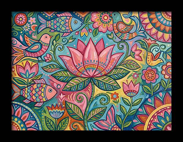 Pink Lotus And Vibrant Folk Art