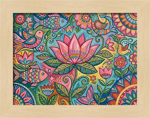 Pink Lotus And Vibrant Folk Art