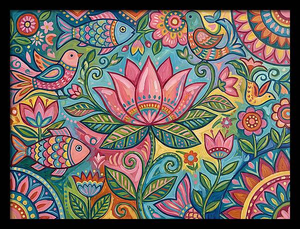 Pink Lotus And Vibrant Folk Art