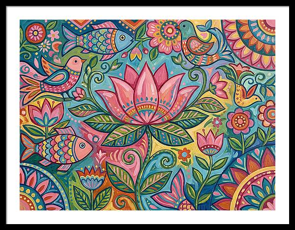 Pink Lotus And Vibrant Folk Art