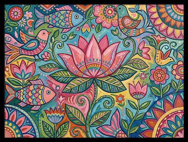 Pink Lotus And Vibrant Folk Art