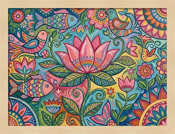Pink Lotus And Vibrant Folk Art