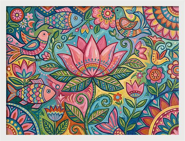 Pink Lotus And Vibrant Folk Art