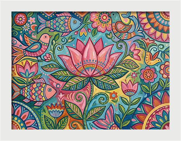 Pink Lotus And Vibrant Folk Art