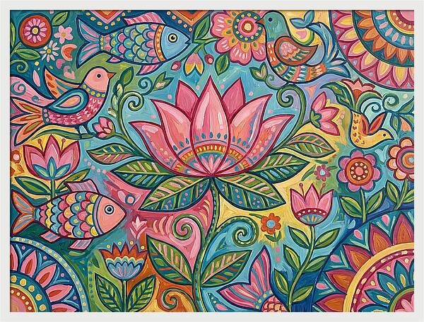 Pink Lotus And Vibrant Folk Art