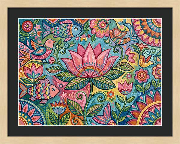 Pink Lotus And Vibrant Folk Art