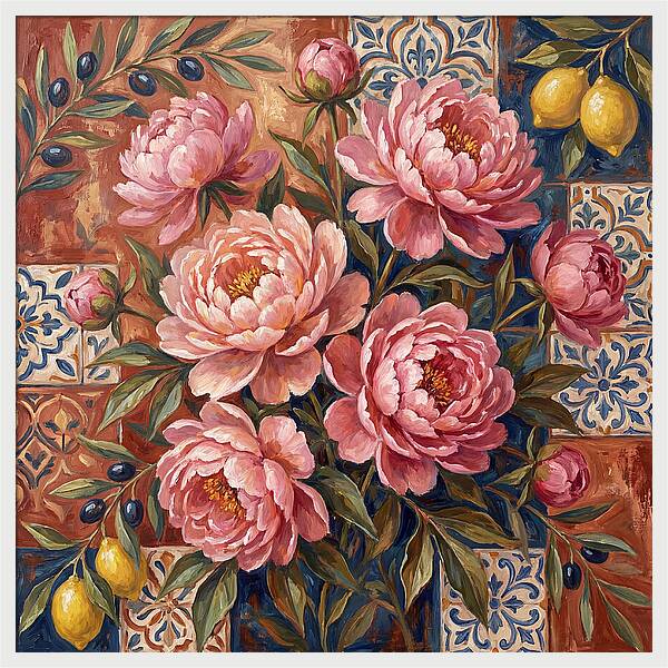 Pink Peonies Against Tiles