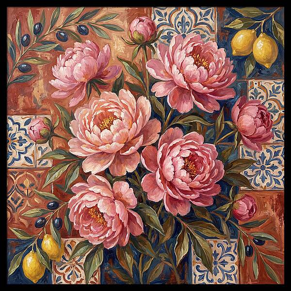 Pink Peonies Against Tiles