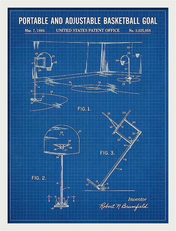 Portable Adjustable Basketball Goal Blueprint Patent Us3025058