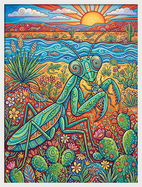 Praying Mantis In A Vibrant Landscape