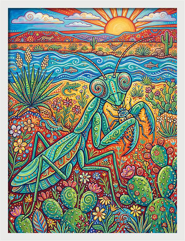 Praying Mantis In A Vibrant Landscape