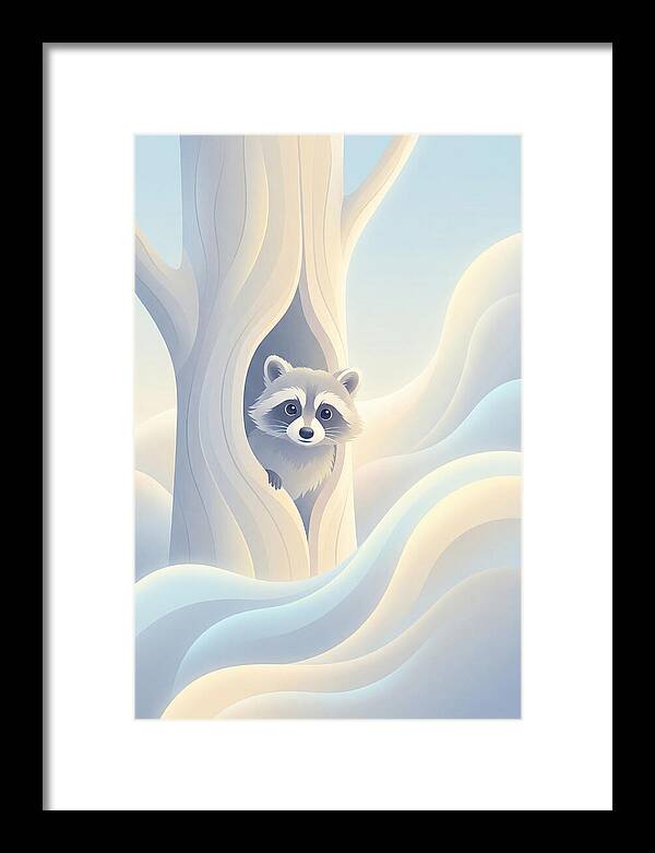 Raccoon Peering From Tree Trunk