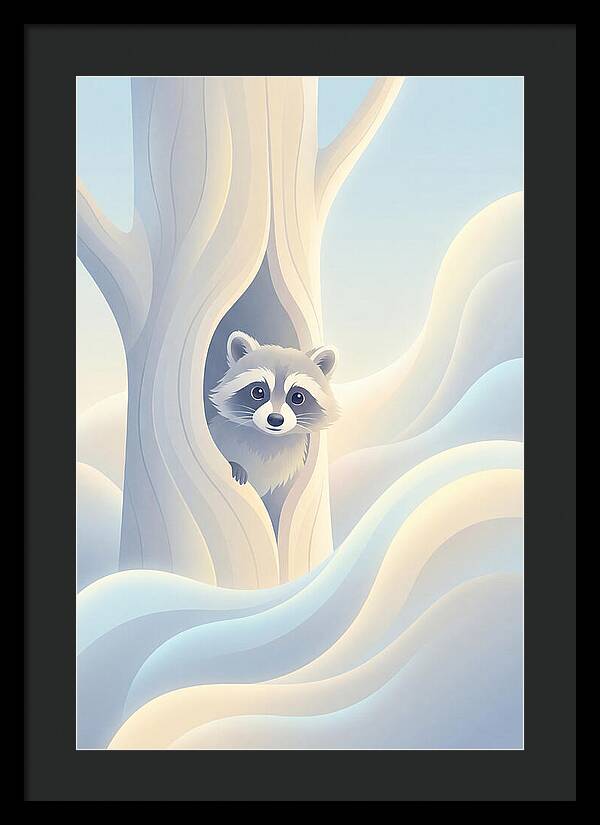 Raccoon Peering From Tree Trunk