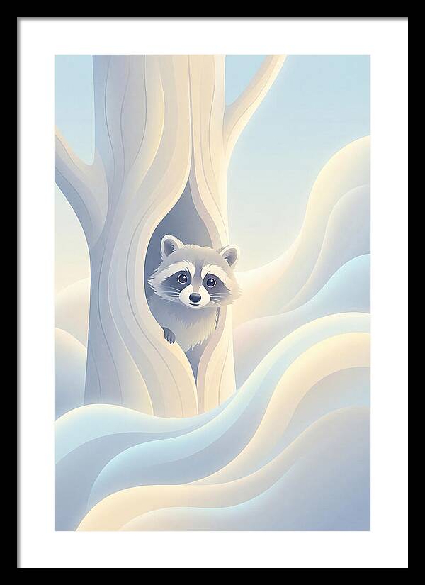Raccoon Peering From Tree Trunk
