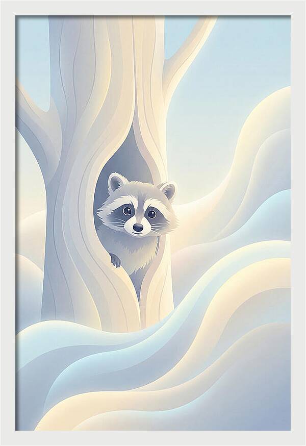Raccoon Peering From Tree Trunk