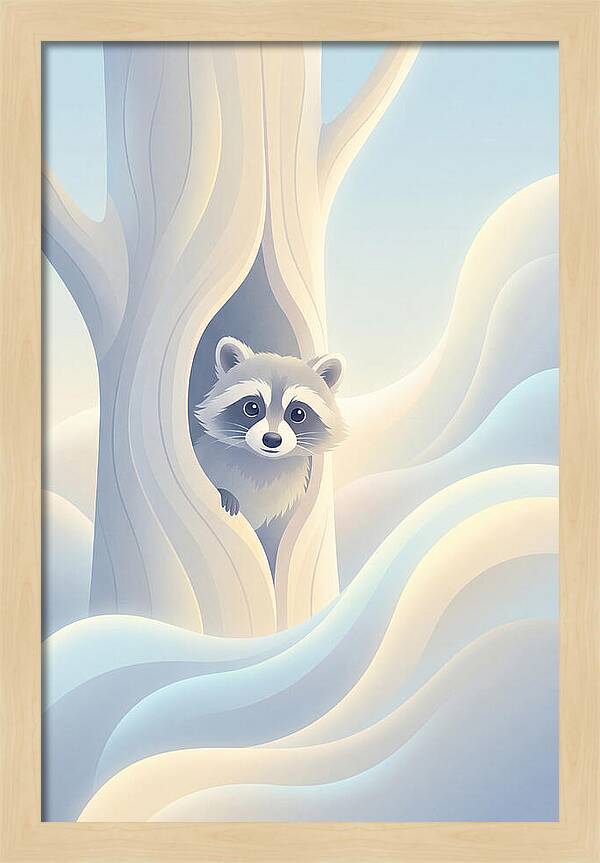 Raccoon Peering From Tree Trunk