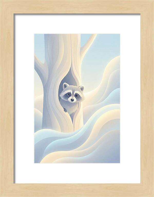 Raccoon Peering From Tree Trunk