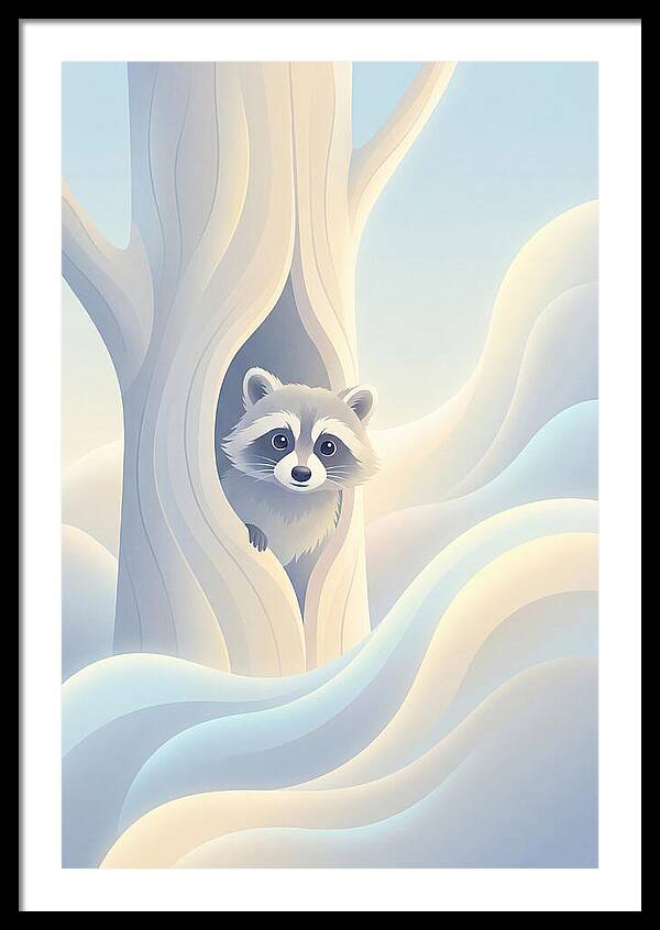 Raccoon Peering From Tree Trunk