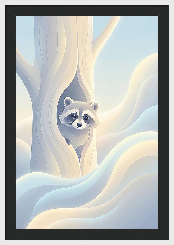 Raccoon Peering From Tree Trunk