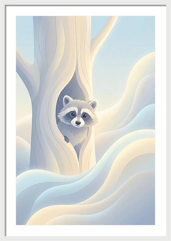 Raccoon Peering From Tree Trunk