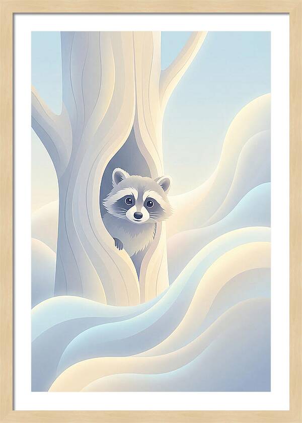 Raccoon Peering From Tree Trunk