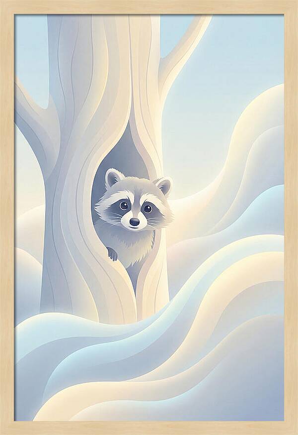 Raccoon Peering From Tree Trunk