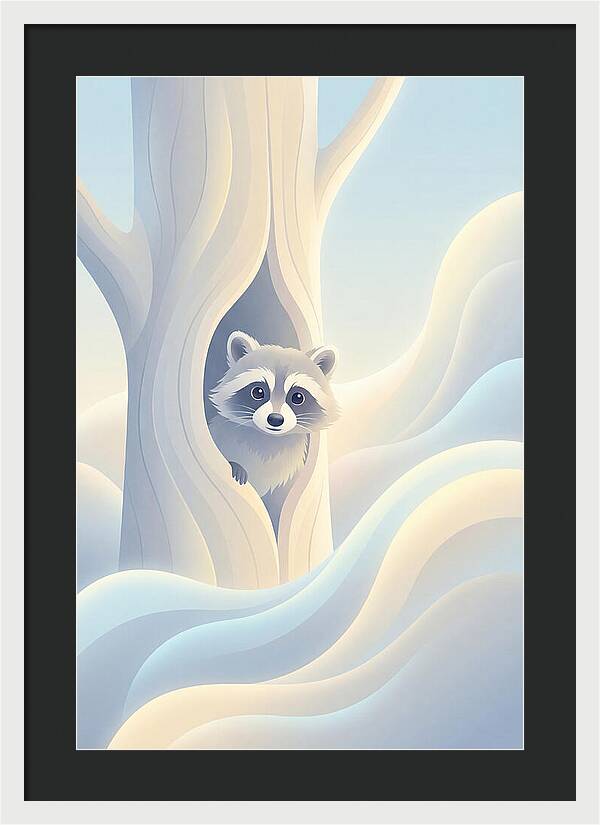 Raccoon Peering From Tree Trunk