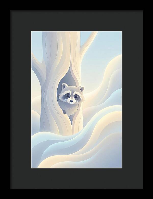 Raccoon Peering From Tree Trunk