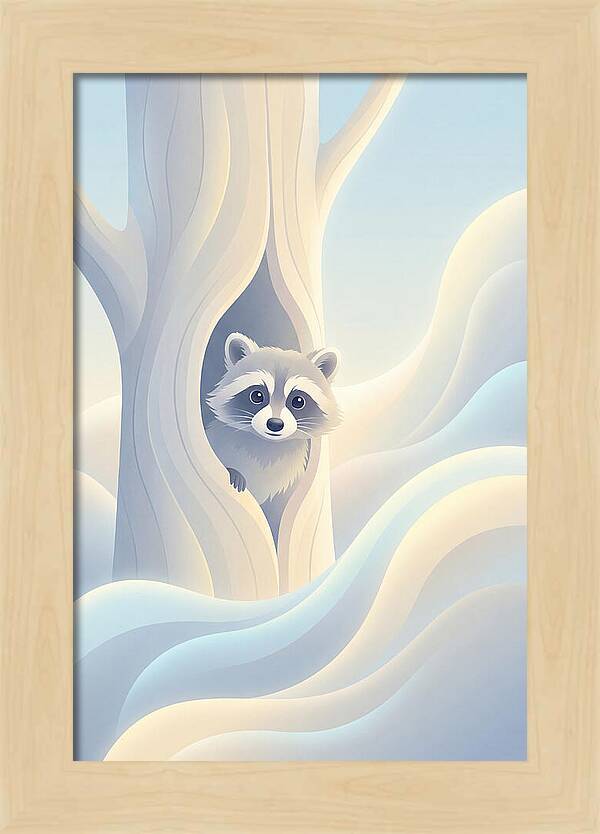 Raccoon Peering From Tree Trunk