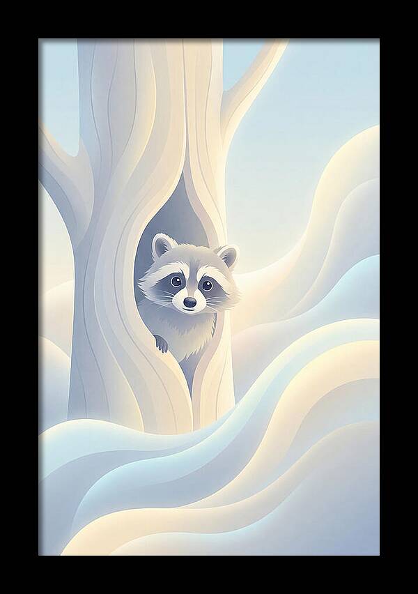 Raccoon Peering From Tree Trunk