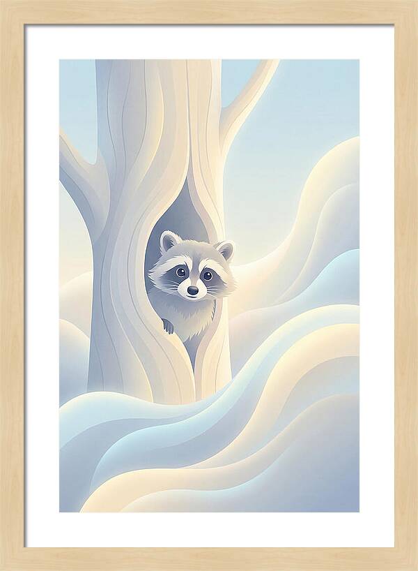 Raccoon Peering From Tree Trunk