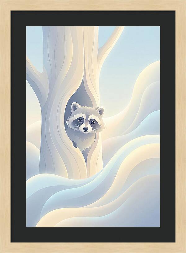 Raccoon Peering From Tree Trunk