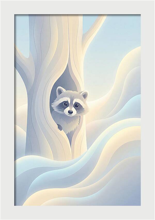Raccoon Peering From Tree Trunk