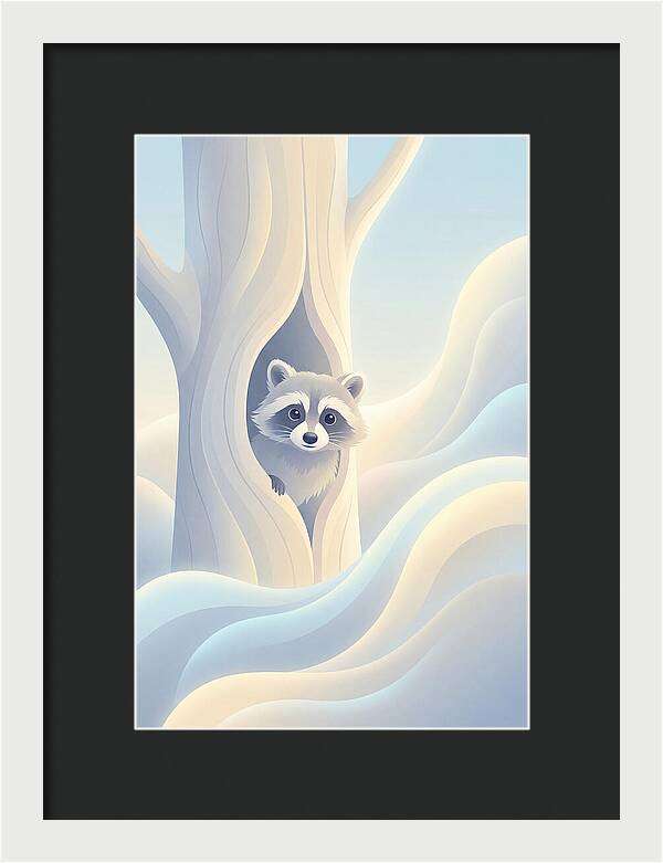 Raccoon Peering From Tree Trunk