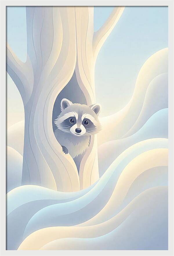 Raccoon Peering From Tree Trunk