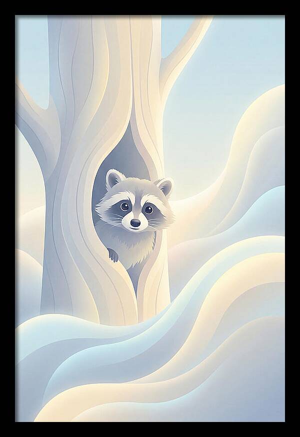 Raccoon Peering From Tree Trunk