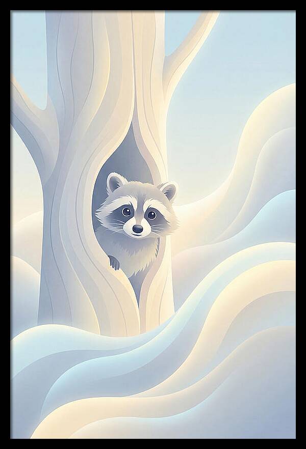 Raccoon Peering From Tree Trunk
