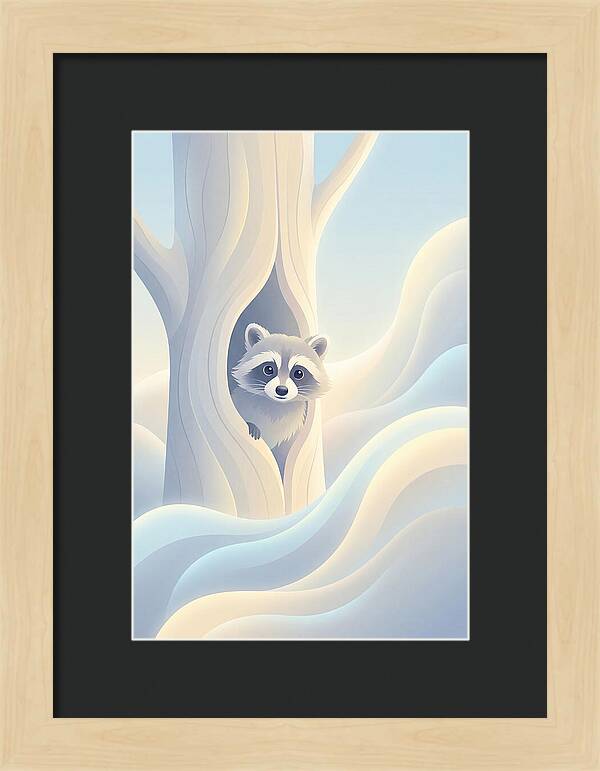 Raccoon Peering From Tree Trunk