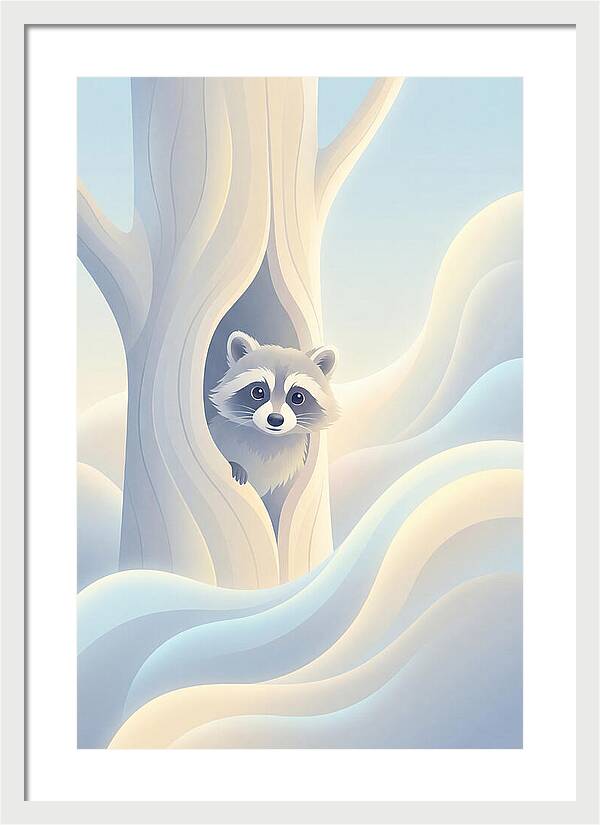 Raccoon Peering From Tree Trunk